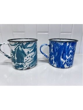 Vintage Enamelware Mug Set Of 2 Blue White Swirl & Green White Swirl